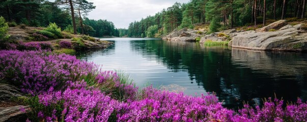 Scenic view of lake in pine forest with summer growth concept. A serene lake surrounded by trees and vibrant purple flowers.