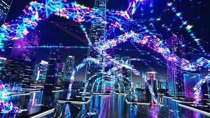 Futuristic cityscape with neon lights and digital networks, captured from a low-angle view, resembling a sci-fi video game environment. Live desktop wallpaper.