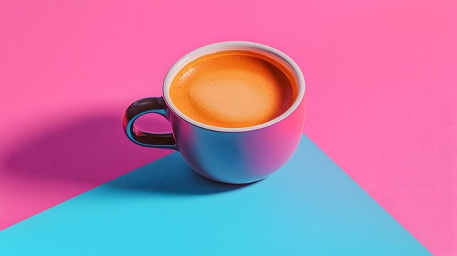 A single espresso cup sits on a vibrant pink and blue background, showcasing a rich crema and a minimalist aesthetic perfect for coffee shop menus or social media posts.