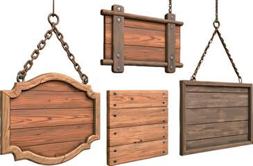 Naklejka premium Four decorative wooden signs with varying shapes and attachments.