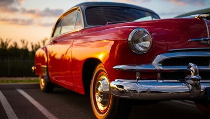 Close-Up of Vintage Retro Car at Sunset with Gleaming Chrome and Cinematic Golden Hour Lighting