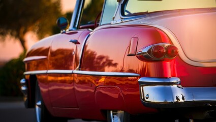 Close-Up of Vintage Retro Car at Sunset with Gleaming Chrome and Cinematic Golden Hour Lighting