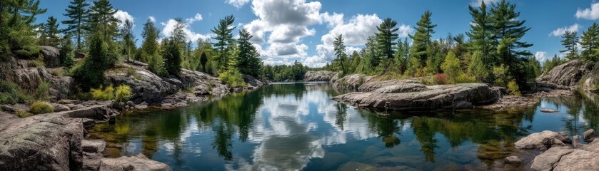 Scenic view of lake in pine forest with summer growth concept. Serene lake surrounded by lush trees and rocky shores on a sunny day.