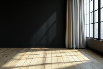 Empty room with dark wall, light hardwood floor, and window