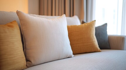 A modern sofa with decorative cushions in neutral and yellow tones, set in a cozy, well-lit living room.