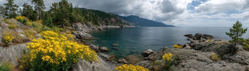 Scenic view of lake in pine forest with summer growth concept. Serene coastal landscape with vibrant flowers and cloudy sky.