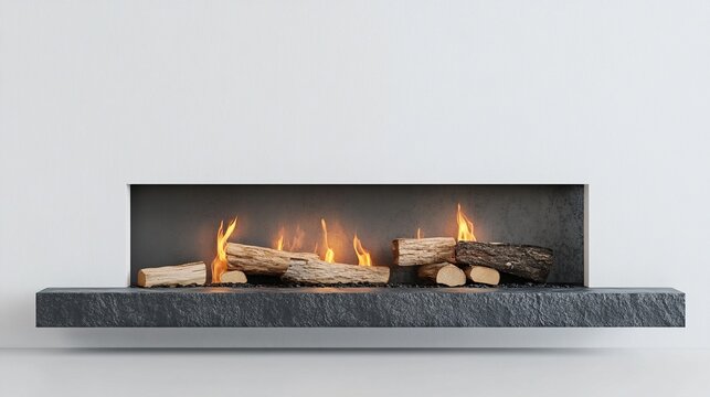 Modern fireplace with logs burning in a recessed alcove
