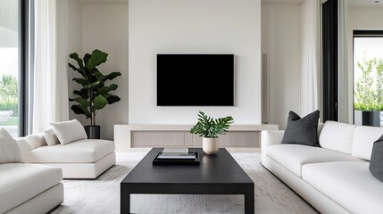 Modern living room with minimalist decor, white sofas, black coffee table, indoor plants, and wall-mounted TV.