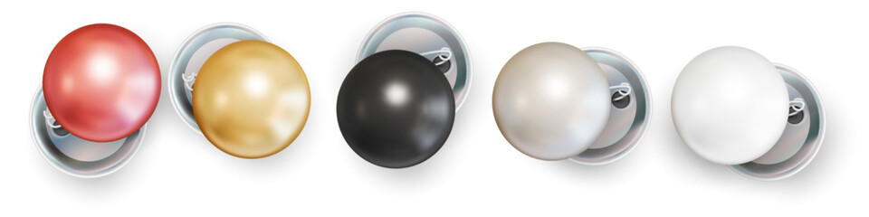 Set of blank button badge stack mockup, 3d realistic vector. Red, black, gold, white empty clear pin emblem mock up. Round volunteer label. Vote sign design template. Vector illustration.