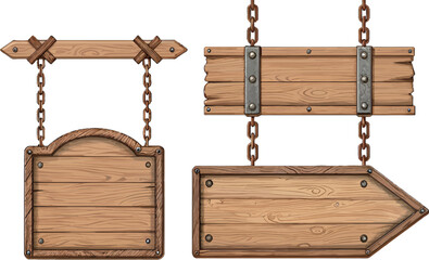 Naklejka premium Set of wooden directional signs with chains and metal accents.