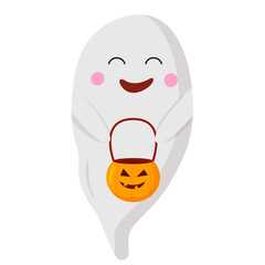 Vector halloween cartoon ghost with funny scary face emotion. Flying phantoms. Halloween white poltergeist isolated on white background