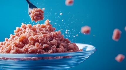 Close-Up of Raw Ground Meat with Fork and Blue Background