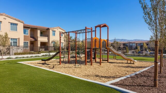 Children's playground in apartment complex, sunny day