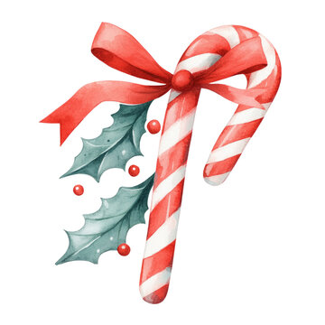 Festive candy cane watercolor illustration transparent background holiday theme cheerful environment