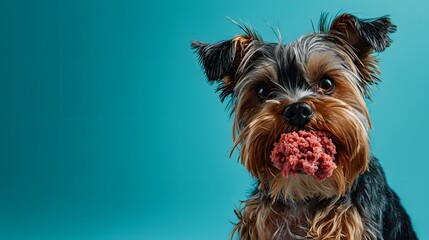 Naklejka premium Cute Yorkie Dog Holding Raw Meat in Mouth with Blue Background