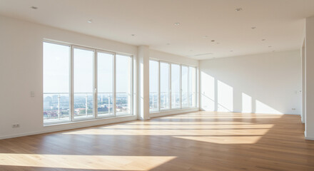 Obraz premium A spacious and modern empty living room with white walls