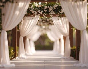 Elegant outdoor wedding reception entrance with cascading white drapes and floral decor