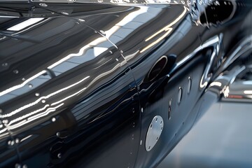 Sleek, Black Aircraft Body Reflects Light, Showcasing Rivets and Polished Surface with Exceptional Detail, Highlighting the Beauty of Aeronautical Design and Engineering.