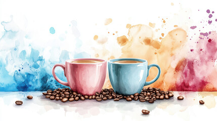 Artistic set of coffee beans and coffee cup drinks isolated on brown background,hand-drawn ,hot coffee drinks,cafe shop,modern flat design,Fashionable and cute coffee motif concept.