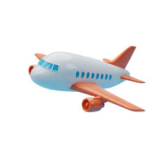 Obraz premium Cartoon airplane soaring through the sky. Orange and white design. 3D icon, plastic illustration style on transparent or white background