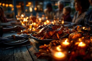 Family gathering around festive Thanksgiving dinner table with roast turkey and candles