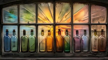 A Collection of Colorful Glass Bottles with Potential Drinks Inside, Reflecting Light