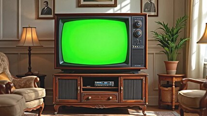 vintage television set displaying a vibrant green screen, retro home interior with classic furniture and decor, soft ambient light casting shadows, nostalgia of media evolution