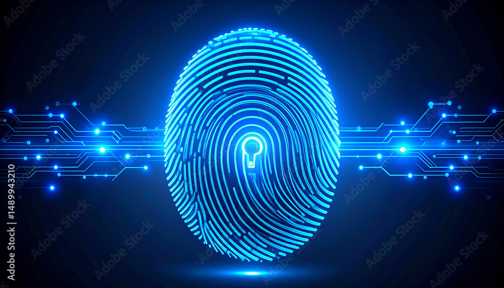 Poster digital fingerprint: a vibrant digital fingerprint illuminates a dark background with intricate line