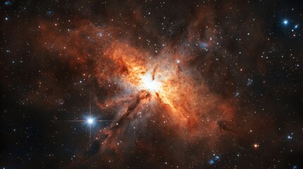 Naklejka premium A stunning cosmic explosion illuminates the vibrant colors of a nebula, showcasing gas and dust clouds swirling in deep space. This view reveals the beauty of the universe