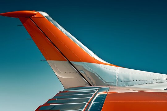 Airplane Tail Section: the Aerodynamic Design of a Modern Aircraft's Empennage, Flaps and Rudders in Vivid Orange and White, Against a Clear Blue Sky. Aviation Engineering and Construction