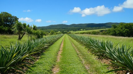 Pineapple plantation path, sunny day, rural landscape, agriculture