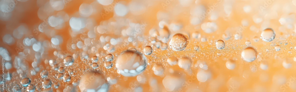 Poster macro droplets forming linear patterns on smooth plastic surface with soft orange background