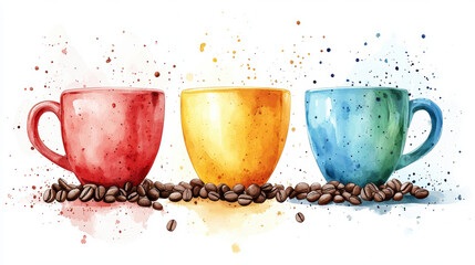 Artistic set of coffee beans and coffee cup drinks isolated on brown background,hand-drawn ,hot coffee drinks,cafe shop,modern flat design,Fashionable and cute coffee motif concept.