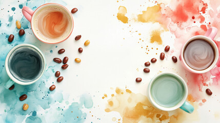 Artistic set of coffee beans and coffee cup drinks isolated on brown background,hand-drawn ,hot coffee drinks,cafe shop,modern flat design,Fashionable and cute coffee motif concept.