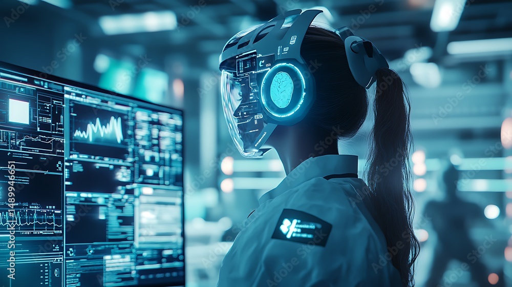 Poster woman with vr headset looking at computer screen displaying data in a futuristic environment