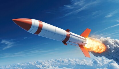 Fototapeta premium Missile launching, clouds, bright sky