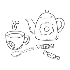Adorable hand drawn vector illustration with a teapot, a cup of tea with a slice of lemon and some candies. The line art style gives it a warm, homey and playful feel
