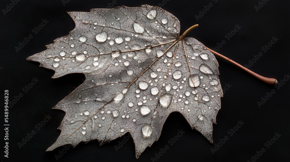 Poster macro leaf texture covered in fine dew on a black background captured in a serene atmosphere