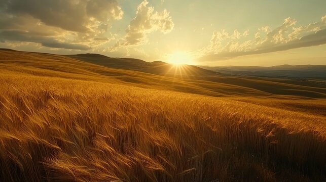 Golden wheat field at sunset rolling hills landscape