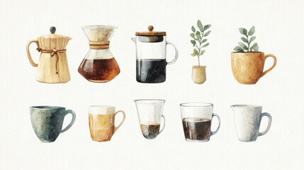 Artistic set of coffee beans and coffee cup drinks isolated on brown background,hand-drawn ,hot coffee drinks,cafe shop,modern flat design,Fashionable and cute coffee motif concept.