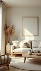 Serene japandi living room with neutral color palette, cozy furniture, natural materials, Japanese, zen, interior