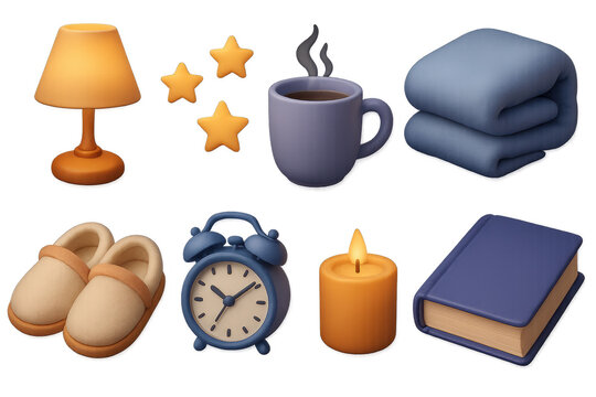 Cozy night essentials icon set – 3d style, comfy and warm elements for relaxation