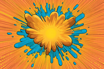 Vibrant, comic book-inspired explosion with yellow core and blue accents on an orange, radiating background