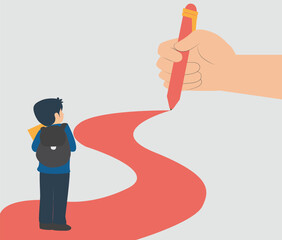 A young student child with a backpack watches as a big hand draws a red path with a pencil, showing guidance, learning, and the start of a journey toward future dreams and success. Vector illustration