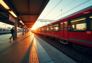 Obraz premium Train Arrives at Station During Sunset
