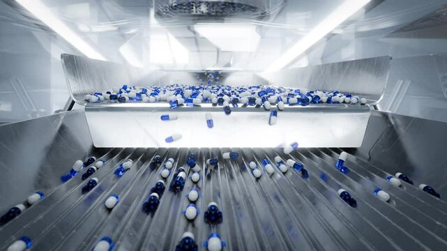 Pill capsules being aligned by a vibrating feeder machine system. Capsules roll into grooves for uniform orientation before blister packaging. Ideal for pharmaceutical use cases.