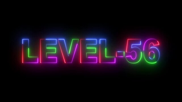 level-56 neon bright text font colorful  animation. Glowing level-56 text with glitch effects animation. game concept next level icon isolated on black background.