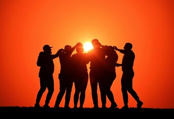 Fototapeta premium Silhouette of a group forming a circle, signifying teamwork, collaboration, concept