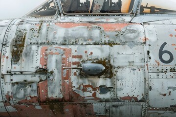 Analyzing the Weathered Exterior of a Vintage Aircraft: A Detailed Examination of Rust, Paint, and Metal, Revealing the History of Flight Through its Worn Surface, Showing Rivets and Number Six