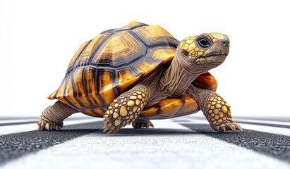 Obraz premium A golden tortoise strides across a patterned surface.